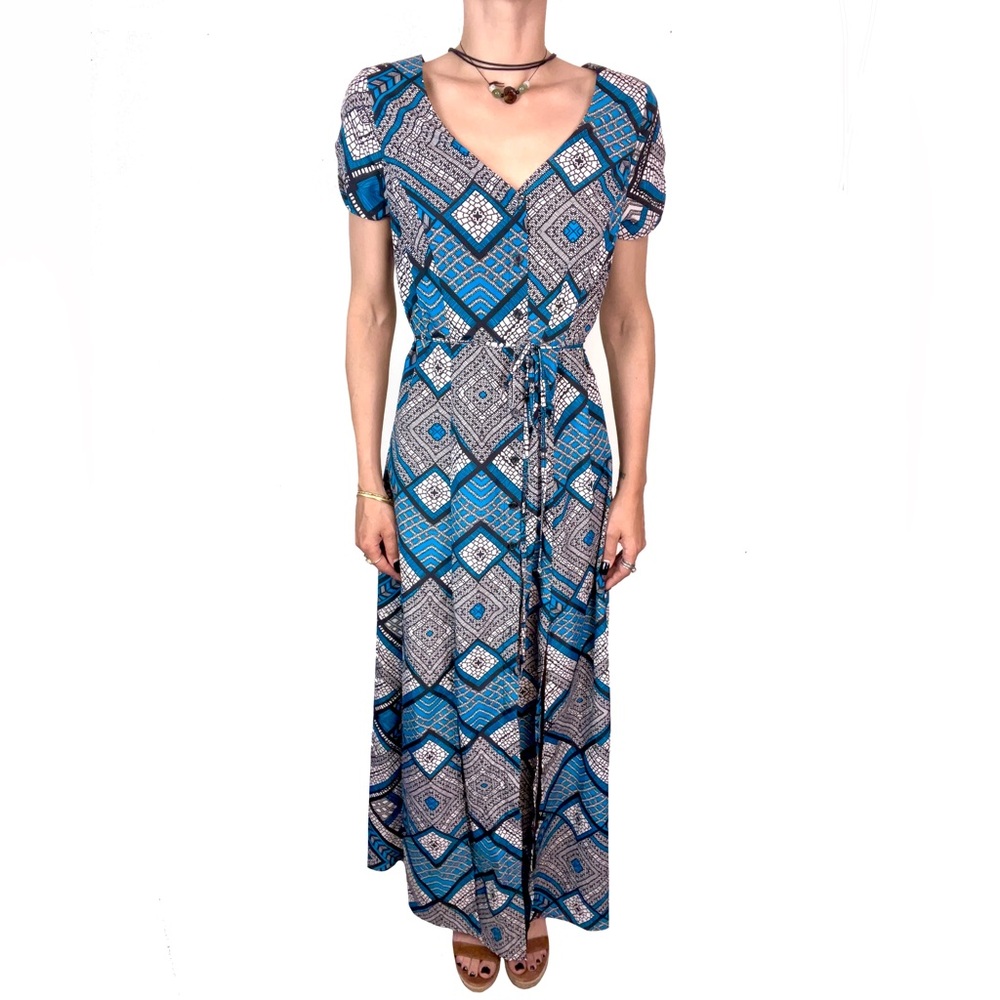 FIRE LOS ANGELS MAXI LONG BUTTON DOWN DRESS | SIZE MEDIUM | BLUE WHITE AND NAVY
